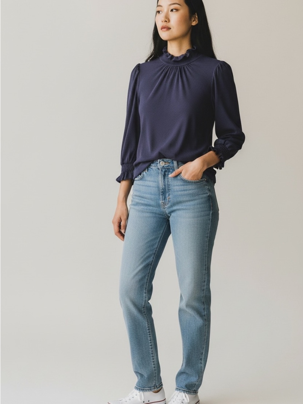 Dear John Navy Ruffle-Neck Blouse